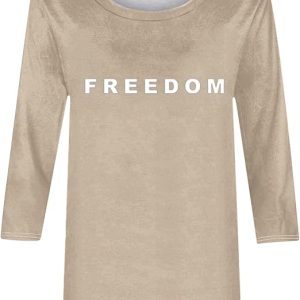 Freedom Shirt Turning Point UAE Shirts Womens Fashion Loose Casual 3/4 Sleeves Blouse Round Neck Casual Tops