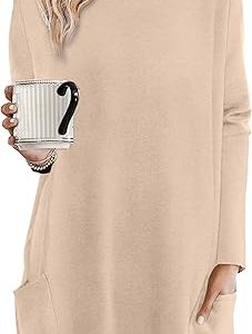 Womens Tunic Tops Long Sleeve Crew Neck High Low Hem Loose Fit Shirts Blouses with Pockets
